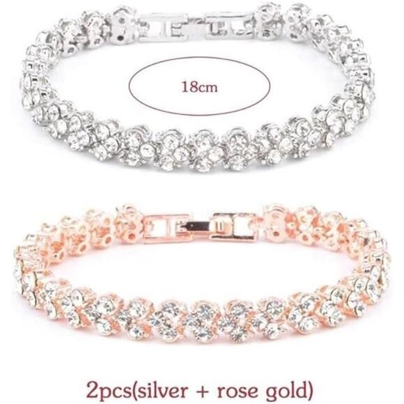 Classic CZ/ Rhinestone Tennis Bracelets – Silver & Rose Gold Pair- Evening, Work - Picture 4 of 7